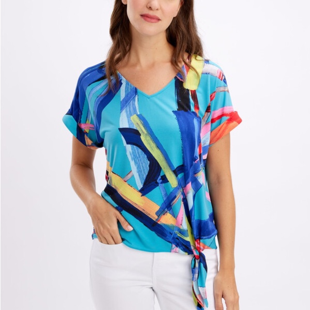 Frank Lyman Design Collection Abstract Print Tie-Waist Top Size 8 Stretch
